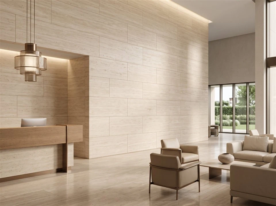 Large-format beige travertine wall tiles with visible grout joints in a luxury hotel lobby