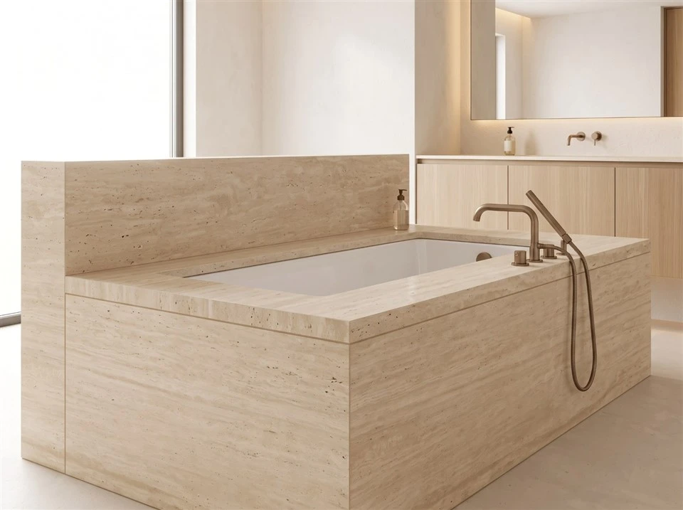 Beige travertine bathtub deck and matching surrounds installed in a contemporary bathroom