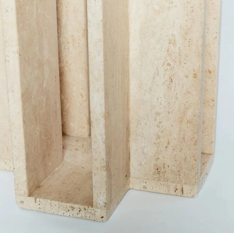 Round travertine dining table with cubist base stone furniture